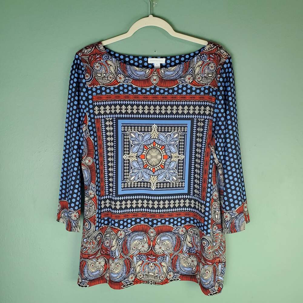 Charter Club Red Blue Stretchy Multicolor Medallion 3/4 Sleeve Top Size XL